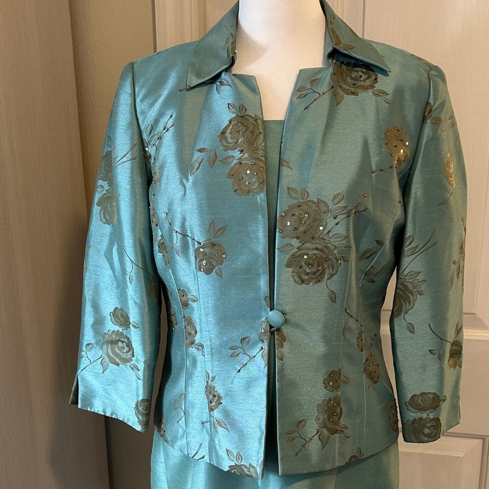 Jessica Howard Teal 2-Piece Jacket & Skirt Set Floral Embroidered  Dress Sz 6P - Picture 2 of 13